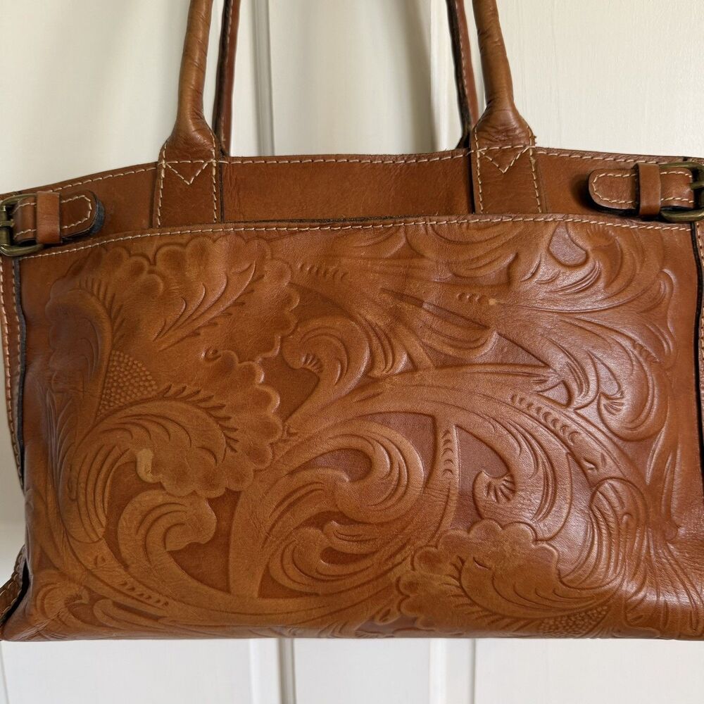 Patricia Nash Zancona Camel Embossed Tooled Leather Tote Bag Purse Multi pockets